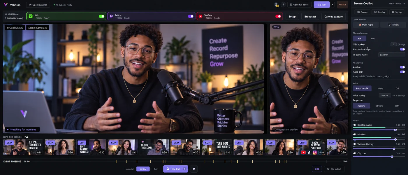 Original Vabrium website concept of a talking-head creator in landscape and portrait capture previews