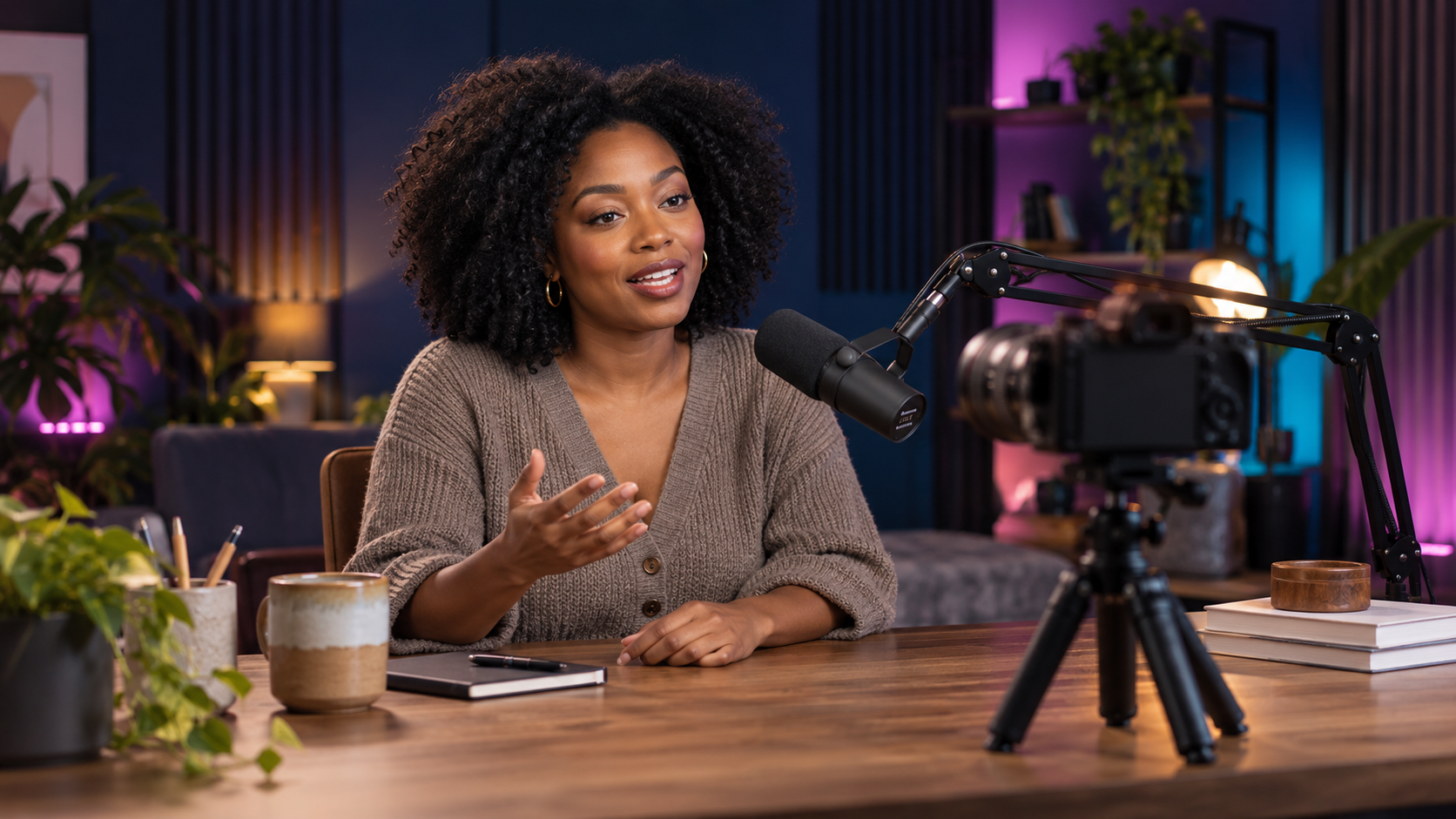 A fictional creator recording a talking-head tutorial at a desk with a camera and microphone