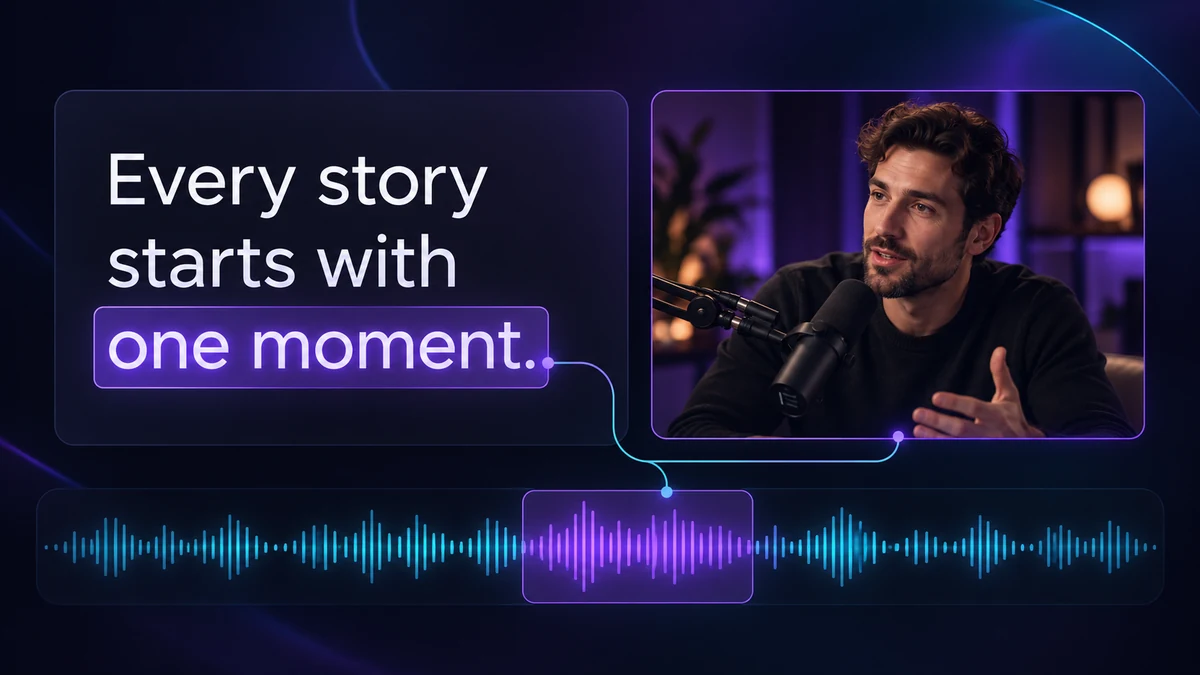 Concept showing the highlighted words one moment linked to a fictional podcast creator and the matching audio waveform segment